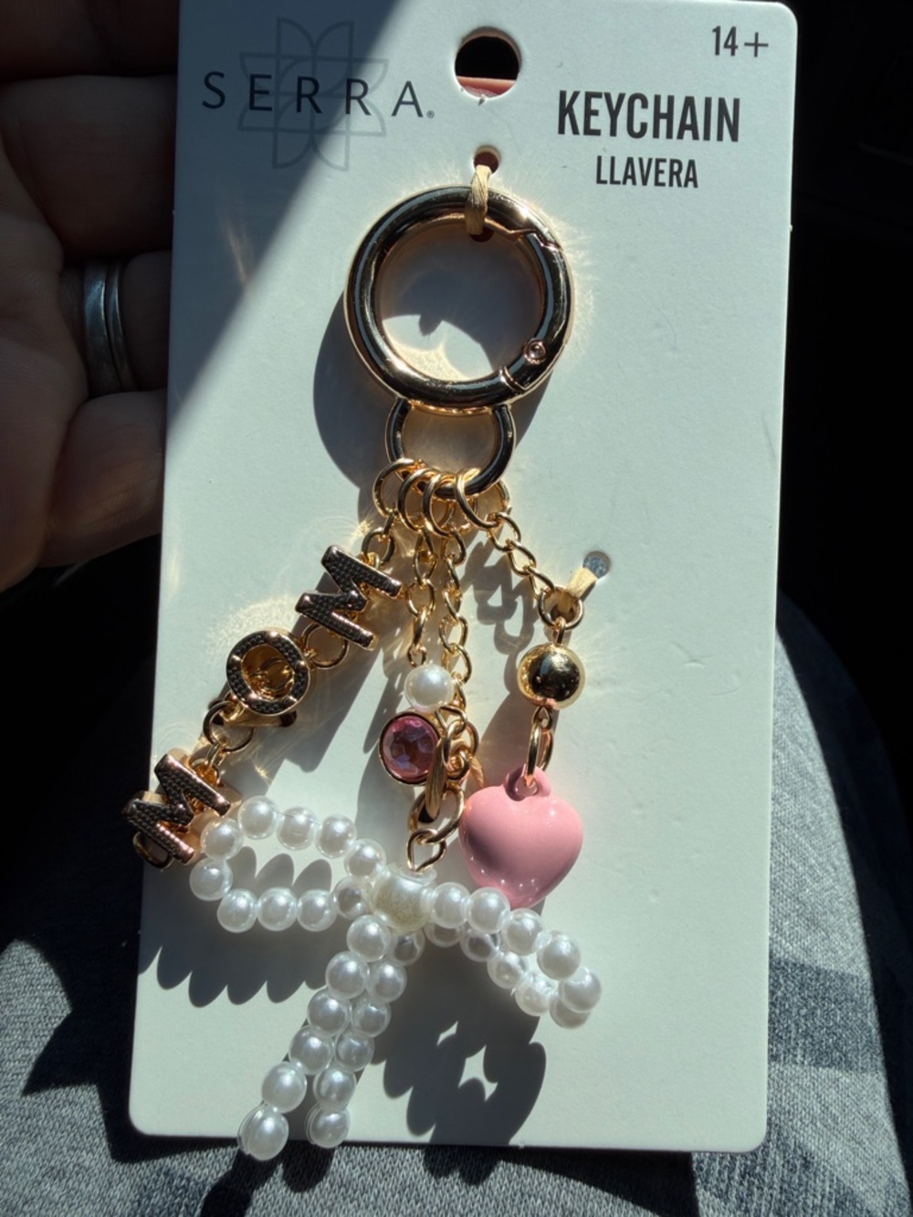 SERRA Gold Tone MOM Keyring/ Bag Charm w/ Pink Heart, Faux Pearls & Pink Crystal